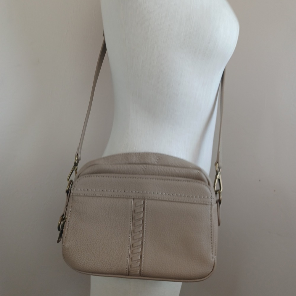 Befen Taupe Pebbled Leather Crossbody Bag Woven Detail Antique Brass Hardware